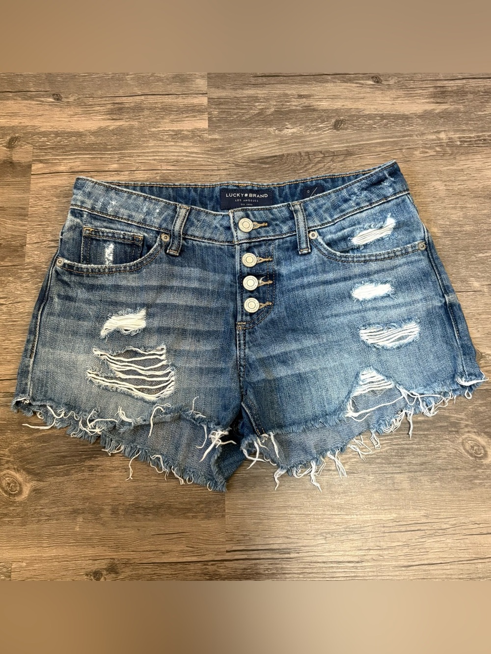 Lucky Brand Medium Blue Distressed Button-Front Jean Shorts